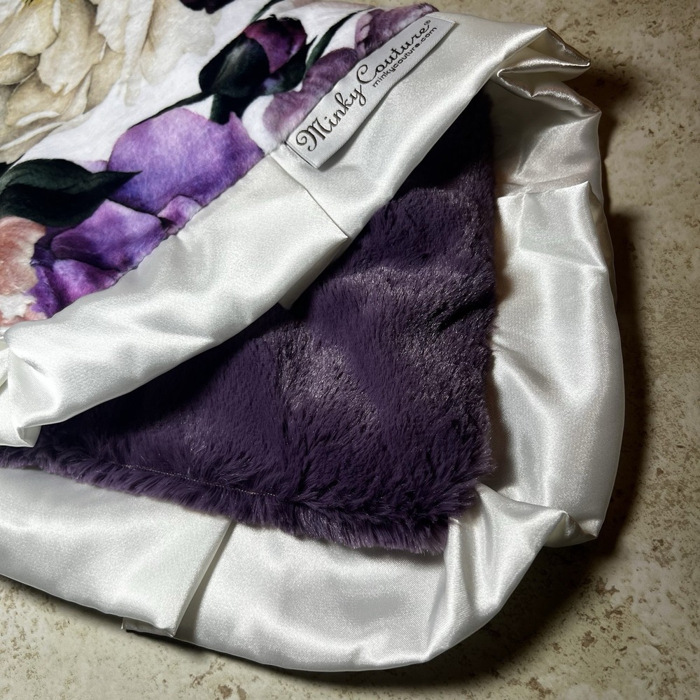 Minky Couture Mini Blanket Lovey Burp Cloth 11"X20" Peonies Purple Girl EUC‎